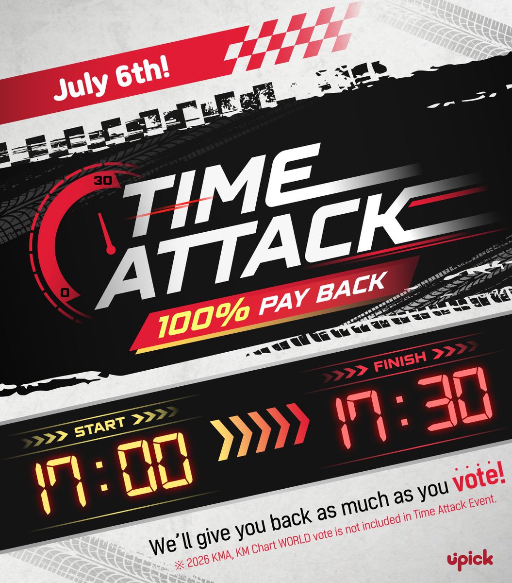 UPICK_twt's tweet photo. #UPICK TIME ATTACK EVENT
Let's get back as much as we voted .ᐟ

🚨2026 KMA, KM Chart WORLD 투표는 타임어택에 포함되지 않습니다
🚨2026 KMA, KM Chart WORLD vote is not included in Time Attack Event

투표한 사람 모두 ‼
투표한 만큼 ‼
돌려받는 기회 놓치지 말자구➰
Don't miss this event ♡.･✩°｡⋆

🗓️7/6 5PM ~ 5:30 PM KST
🔗https://t.co/VujX6nKbMN
