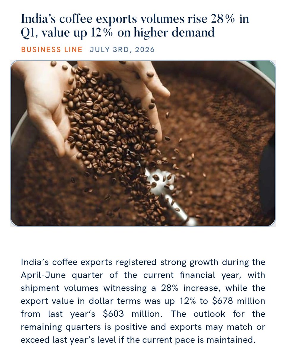 PMOIndia's tweet photo. India’s coffee exports volumes rise 28% in Q1, value up 12% on higher demand
https://t.co/o68uU9kcnd 

via NaMo App https://t.co/jvc7OI1TPS