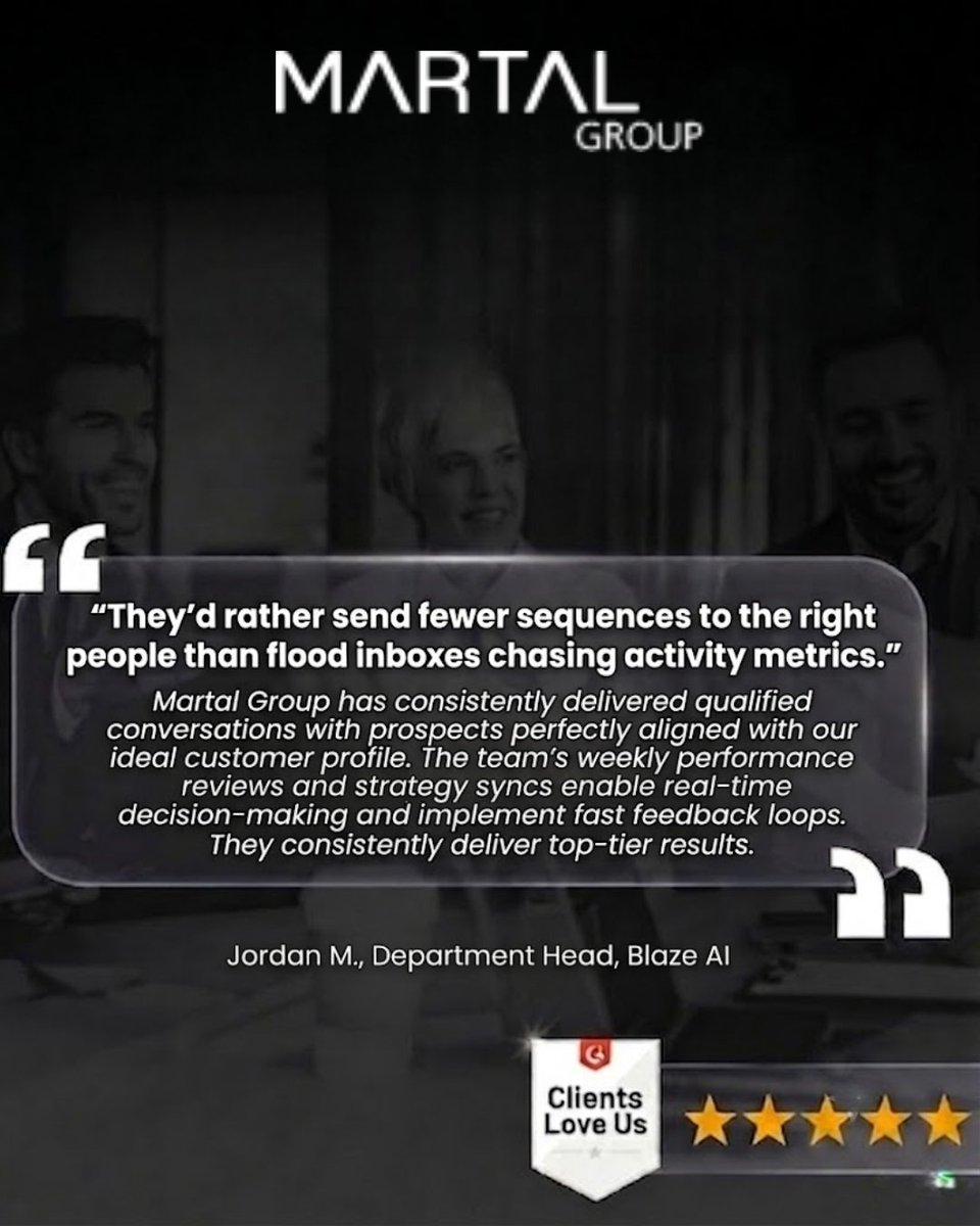 Martal_Group's tweet photo. ⭐ Another 5-Star Review. Another Partnership We're Proud Of.
There's nothing more rewarding than hearing that our work is making a real impact.
This recent 5-star Clutch review highlights what we strive for every day—connecting our clients with the right prospects, focusing on quality over quantity, and creating meaningful conversations that lead to real business opportunities.
At Martal Group, we believe successful sales development isn't about sending more emails—it's about reaching the right people with the right message at the right time.
A big thank you to our client for trusting us and for sharing their experience. Your feedback motivates our team to keep raising the bar.
If you're looking for a sales partner focused on delivering qualified opportunities and measurable results, we'd love to connect.
👉 Read more client reviews and learn how we help businesses grow.
#MartalGroup #ClutchReview #ClientSuccess #LeadGeneration #B2BSales #SalesOutsourcing #BusinessGrowth #SalesDevelopment #DemandGeneration #B2BMarketing