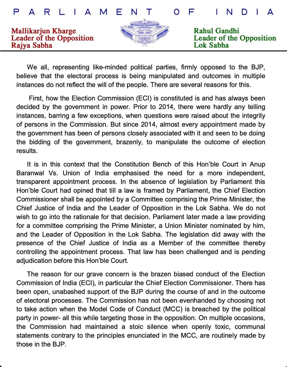 arvindgunasekar's tweet photo. 23 Opposition parties write to CJI and Judges of the SC over alleged manipulation of elections in India:

We all, representing like-minded political parties, firmly opposed to the BJP, believe that the electoral process is being manipulated and outcomes in multiple instances do not reflect the will of the people.

We find, and it is a matter of grave concern, that the agencies of the government, in particular the CBI, the ED and the NIA, are used only to target those in opposition.
These agencies are also used for the purpose of manipulating the outcome of results in the elections, apart from bringing down elected governments.

Democracies turn into anarchies when institutional mechanisms fail completely.
Therefore, it is the responsibility of all of us to ensure that people's faith in institutions must endure. And for that, institutions must play their role.

We are not questioning the judiciary. In fact, we turn to the courts when every mechanism fails. 
When this too fails, it leaves open the question - who do we now turn to?

We leave that question for you to ponder upon.