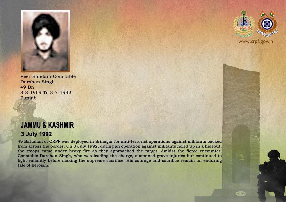 crpf_srinagar's tweet photo. IGP Srinagar Sector and all Ranks of #CRPF pay solemn tribute to CT/GD Darshan Singh of 49 Bn, who made the supreme sacrifice in an encounter with militants during an anti-terrorist operation in
Srinagar on 3 July 1992 #CRPF salutes the braveheart .
🇮🇳 #Bharat_Ke_Veer 🇮🇳 https://t.co/pgJ1qu4XGe