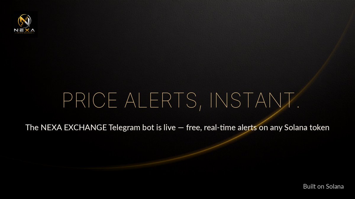 nexa_exchange's tweet photo. Price alerts, the second they trigger.

The NEXA EXCHANGE Telegram bot is live — set an alert on any Solana token, get pinged instantly. Free.

https://t.co/BpRYc8GW1t ⚡ #Solana #SolanaDeFi https://t.co/fIayGnlQpL