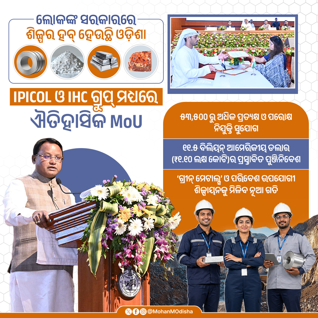 MohanMOdisha's tweet photo. ଓଡ଼ିଶାର ଶିଳ୍ପ ବିକାଶ ଯାତ୍ରାରେ ଆଜି ଆଉ ଏକ ଐତିହାସିକ ଅଧ୍ୟାୟ ଯୋଡ଼ି ହୋଇଛି। IPICOL ଏବଂ HC ଗ୍ରୁପ୍‌ ମଧ୍ୟରେ ସ୍ୱାକ୍ଷରିତ ₹୧.୧୦ ଲକ୍ଷ କୋଟିର ମେଗା ଆଲୁମିନିୟମ୍ ପ୍ରକଳ୍ପ ୫୩,୫୦୦ରୁ ଅଧିକ ନିଯୁକ୍ତି ସୁଯୋଗ ସୃଷ୍ଟି ସହ ରାଜ୍ୟରେ ଶିଳ୍ପାୟନ��ୁ ନୂଆ ଦିଗ ଦେବ। https://t.co/CNEGp2tjcz