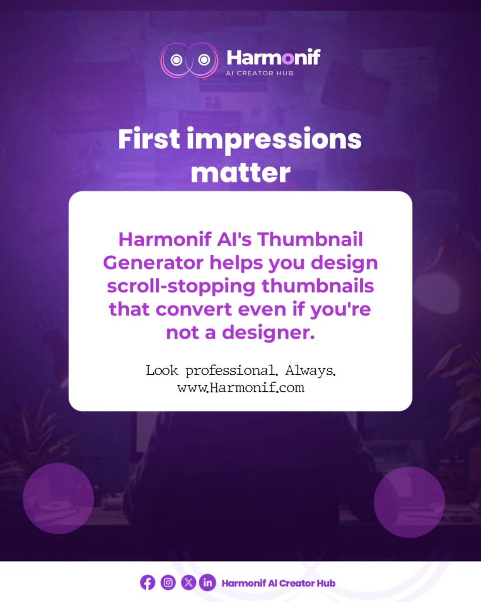 HarmonifAIHub's tweet photo. Your thumbnail is the first thing they see. Make it unforgettable.

You don't need to be a designer to look like one.
Harmonif AI's Thumbnail Generator helps you create scroll-stopping thumbnails that convert — every single time.
Look professional. Always. 💜 https://t.co/biHA01vqeK