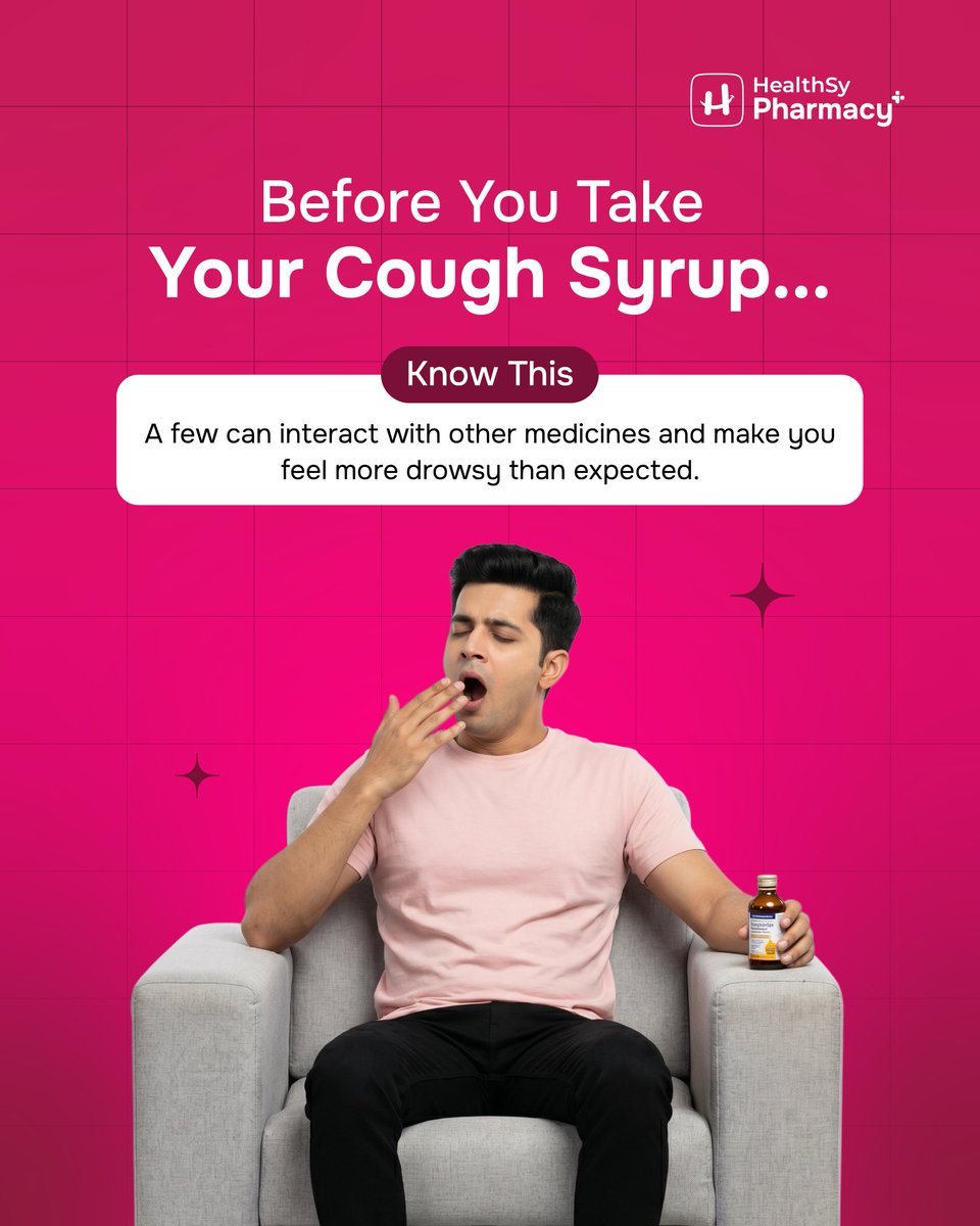 heltsypharmacy's tweet photo. Taking cough syrup? Some can interact with your other medicines and increase drowsiness.

 Read the label and ask your pharmacist if you're unsure. 💙

#coughsyrup #pharmacistadvice #askyourpharmacist  #knowyourmeds #yourhealthpartner #healthsypharmacy #healthsy https://t.co/whQy5lEp2H