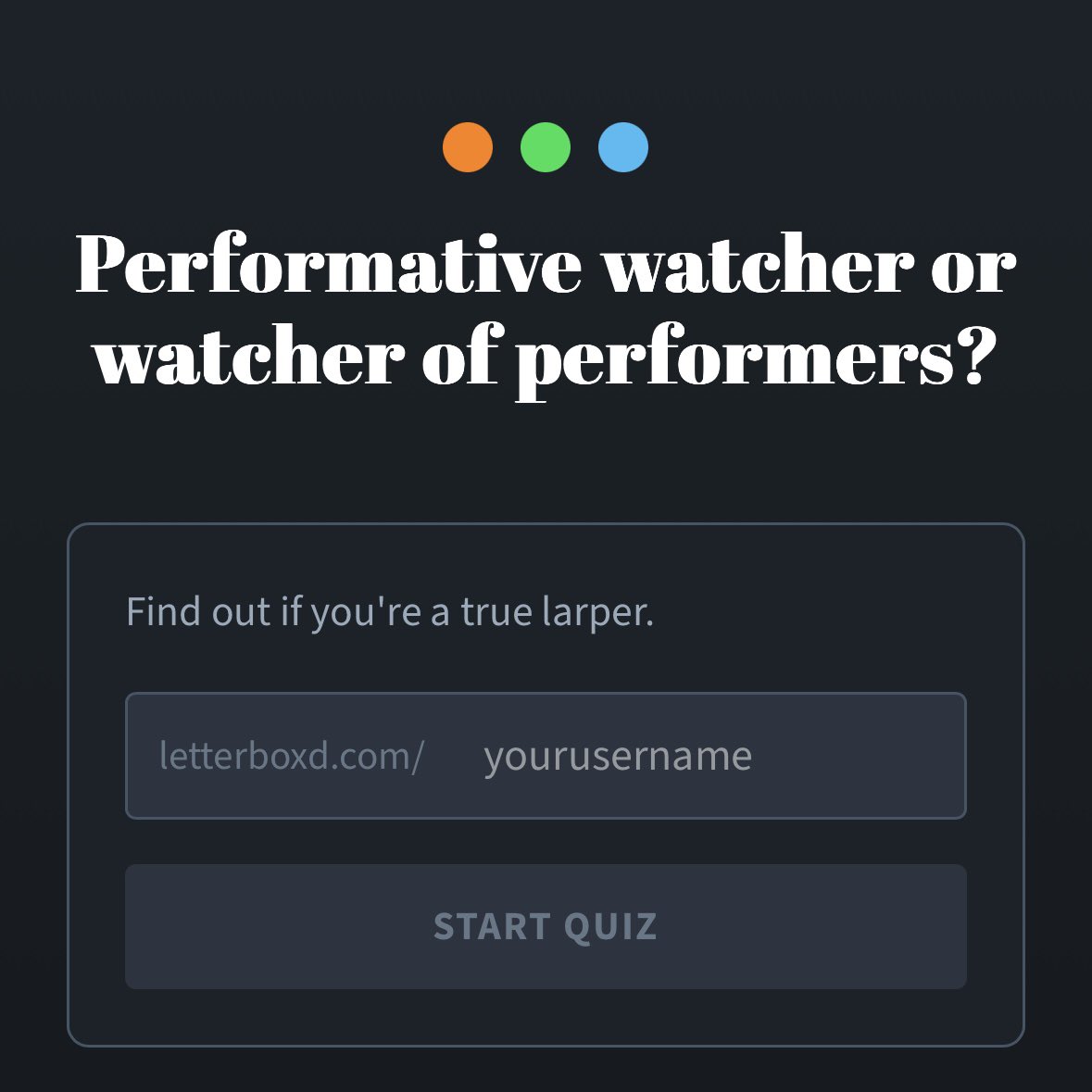 andyyyyywz's tweet photo. to expose the larps I've created Larperboxd

Quiz yourself on the movies you've (allegedly) watched

https://t.co/x94xAflyRy https://t.co/cm1Xd7EpML