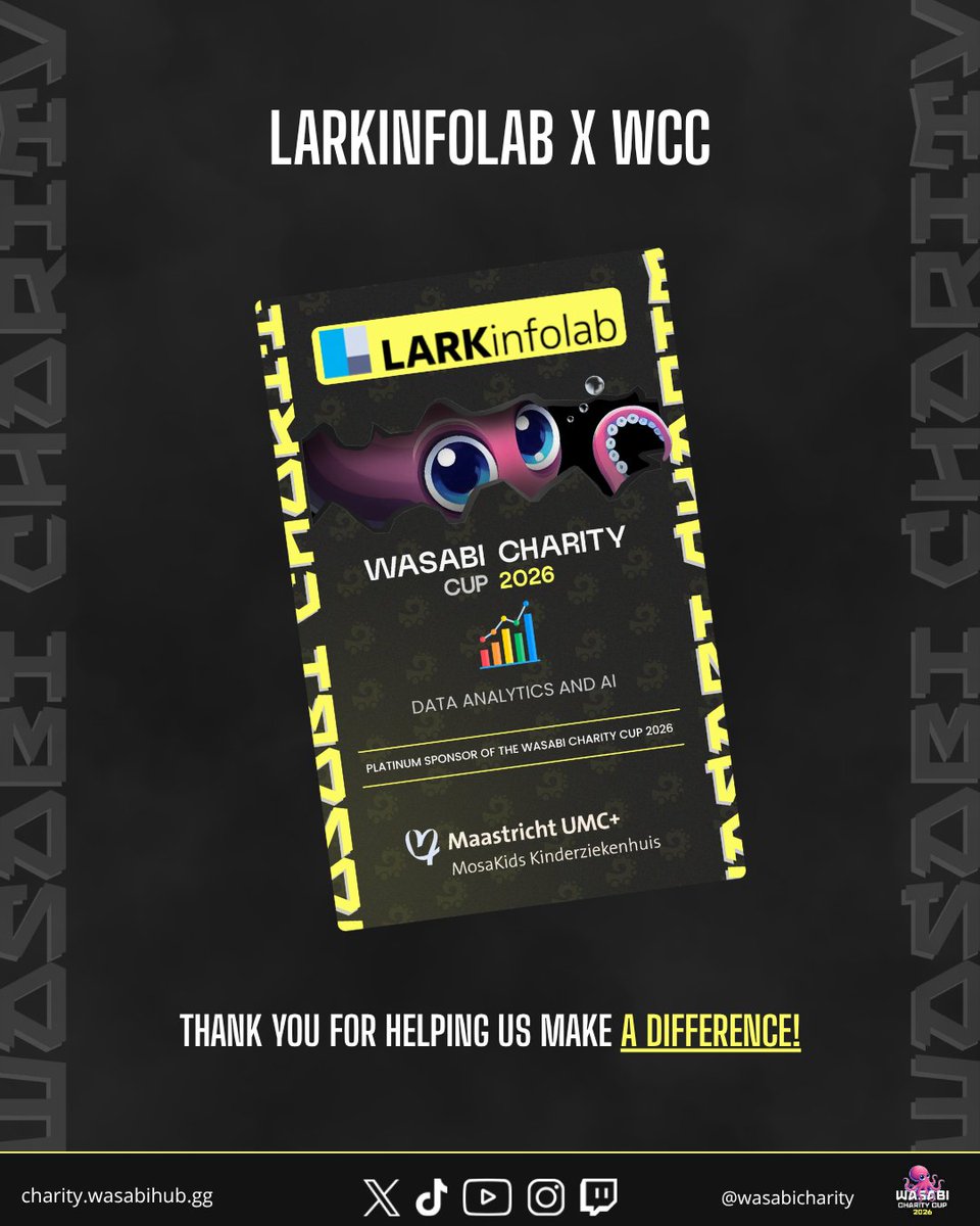 WasabiCharity's tweet photo. We are incredibly grateful to welcome @larkinfolab, who are supporting the Wasabi Charity Cup 2026 with a Platinum Donation in support of the MosaKids Children's Hospital.
#WasabiCharityCup #WCC2026 #GamingForGood #MosaKids #EsportsForCharity #LARKInfolab #DataDrivenFun https://t.co/D2RYUe8lNy