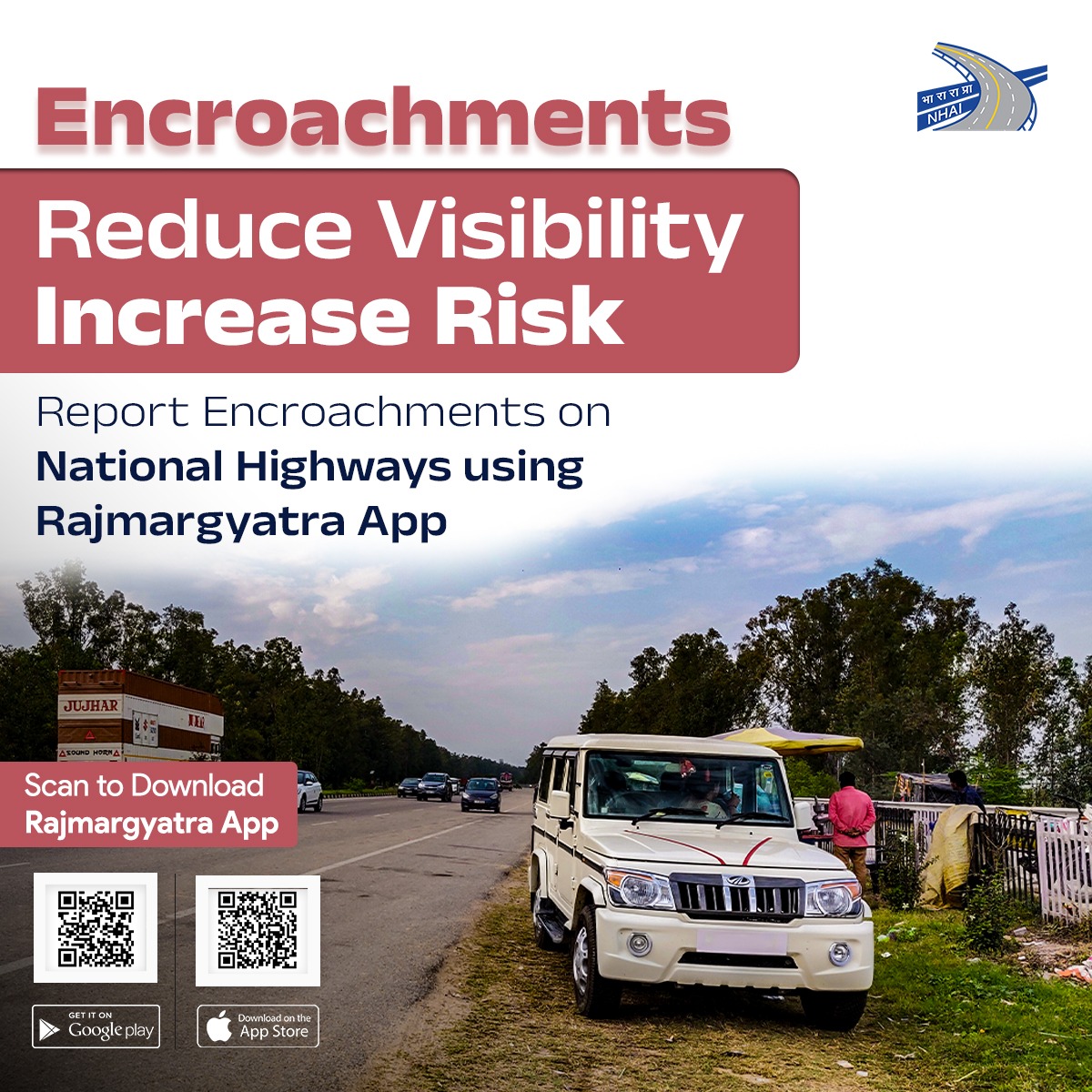NHAI_Official's tweet photo. From unauthorized stalls to illegal parking, every encroachment disrupts smooth traffic flow and compromises road safety.
Report encroachments instantly on the Rajmargyatra app and contribute to make National Highways safer for everyone.
Be alert. Take action. Drive change.

Download the app now!
➡️ Android: https://t.co/h3ntaFeqtL
➡️ iOS: https://t.co/RhkTqFHL2W

@MORTHIndia @PIBMoRTH #NHAI #BuildingANation #SadakSurakshaJeevanRaksha