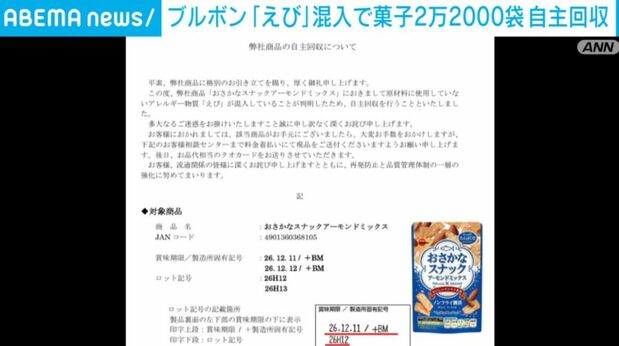 livedoornews's tweet photo. 【発表】ブルボン、「えび」混入で菓子2万2000袋を自主回収へ
https://t.co/Ym7NTaZKa6

回収するのは、先月30日に期間限定商品として発売された「おさかなスナックアーモンドミックス」およそ2万2000袋。原材料に使用していない「えび」が混入していることがわかった。 https://t.co/ctwacD9rpV