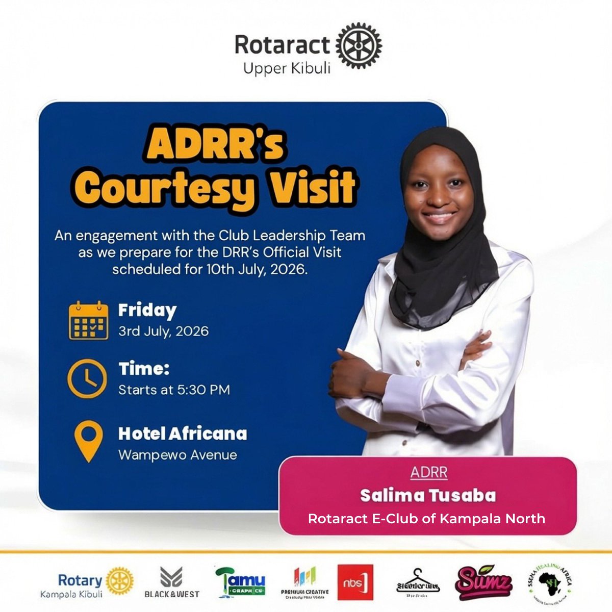 salimatusaba's tweet photo. 3rd July 2026
I am kicking off with a courtesy visit to the Sultans @UpperKibuli to engage with the Leadership Team ahead of the DRR’s Official Visit scheduled for 10th July.
To strategize up
🕠 5:30 PM📍Hotel Africana
#RotaractLegacy
#RotaryEyamba
#RotaryKonyo
#SalimaTusaba https://t.co/r62JmPfjxp