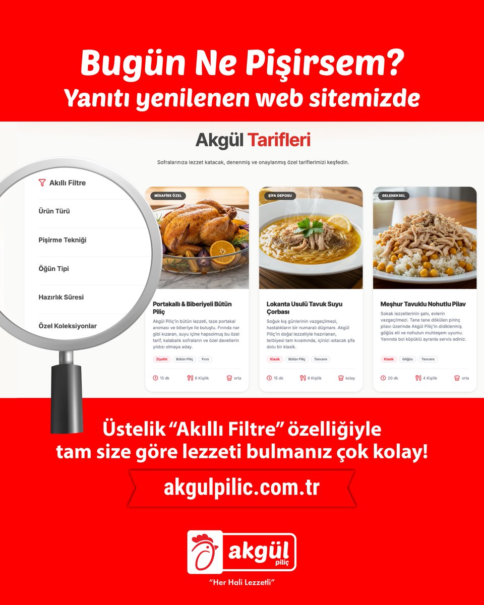 akgulpilicresmi's tweet photo. Tarif aramak artık daha kolay, lezzete ulaşmak artık daha hızlı!

Web sitemizdeki yemek tarifleri sayfamızda, damak zevkinize ve ihtiyacınıza uygun tarifleri kolayca bulabilirsiniz. Akıllı filtre özelliğiyle; ürün, pişirme yöntemi ve tarif türüne göre aradığınız lezzete hızlıca ulaşın.

Lezzetli fikirler için web sitemizi ziyaret edebilirsiniz.
🌐 https://t.co/yKVJwLSkGl