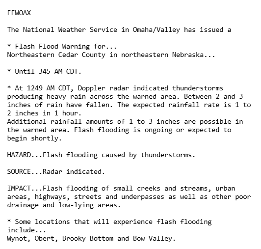 Jasamsdestiny's tweet photo. #Nebraska
#FlashFloodWarning for: NE #CedarCounty in Nebraska til 3:45am. Some locations that will experience flash flooding include: #Wynot, #Obert, #BrookyBottom and #BowValley.
Btwn 2 & 3" has fallen. Additional amounts of 1 to 3" are possible in the warned area.
#newx https://t.co/Nms87McxUC