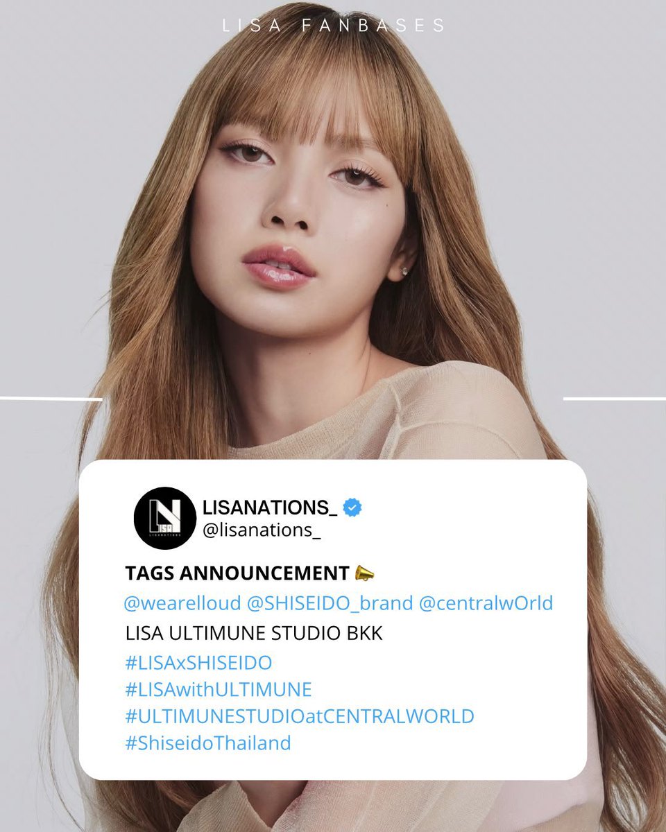 CREW_LISANESIA's tweet photo. Hashtag Announcement

🗓️ 03 Juli 2026

Mulai gunakan Hashtag ketika #LISA muncul.

Siapkan tweet kalian yg banyak di draft &amp; hype kesayangan kita ugal-ugalan di event @SHISEIDO_brand 🇹🇭 hari ini!!

#SHISEIDO #ULTIMUNE #ULTIMUNESTUDIOatCENTRALWORLD
#ShiseidoThailand #centralwOrld https://t.co/W6ZuijlpAX
