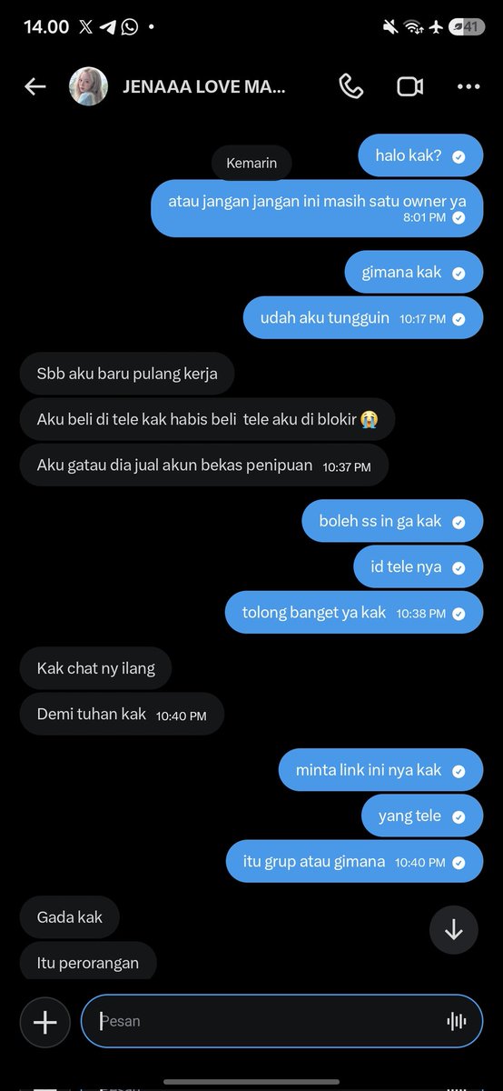 na4ana's tweet photo. guyss ternyata akun @Jennaaaccnew masih satu owner sama yang kemarin, ini bukti kejanggalan kalo dia masih satu owner yang sama kaya sebeluknya, dia bilang beli akunnya di tele perorangan, aku sudah baik hati dan sabar ternyata dia ngasih bukti palsu #zonauang #zonabu #freelance https://t.co/fDVHoutfMp