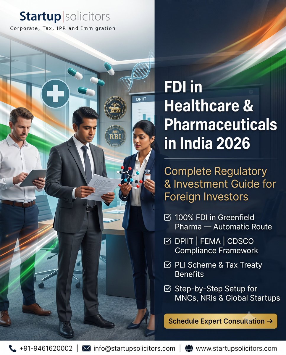 LlpStartup's tweet photo. India allows 100% FDI in pharma greenfield projects — no prior approval needed.

Complete 2026 guide for MNCs, NRIs &amp; global investors:
🔗 https://t.co/8GMOR7HJhK https://t.co/ifL4J8DZye