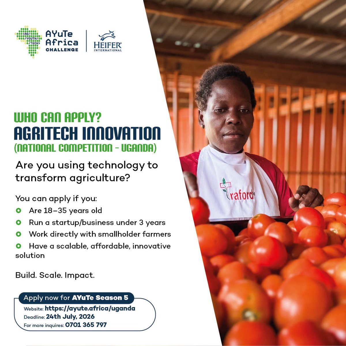 Heifer_Uganda's tweet photo. Technology is changing the way we grow, harvest, and connect with agriculture.
If you're 18–35 years old and building a technology-based solution that supports farmers, agribusinesses, or agricultural value chains, the Agritech Innovation Track is your opportunity to scale https://t.co/mPw4iR2avt