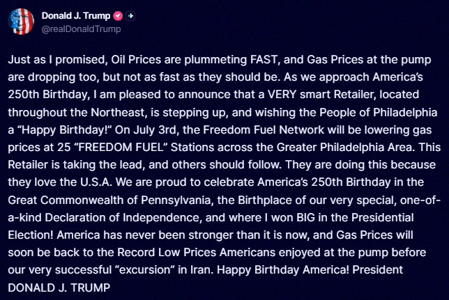 JaylinStripling's tweet photo. BREAKING: President Trump says Freedom Fuel Network is lowering gas prices at 25 gas stations in the northeast US on July 3rd and "others should follow." https://t.co/zkgoQu9eqx