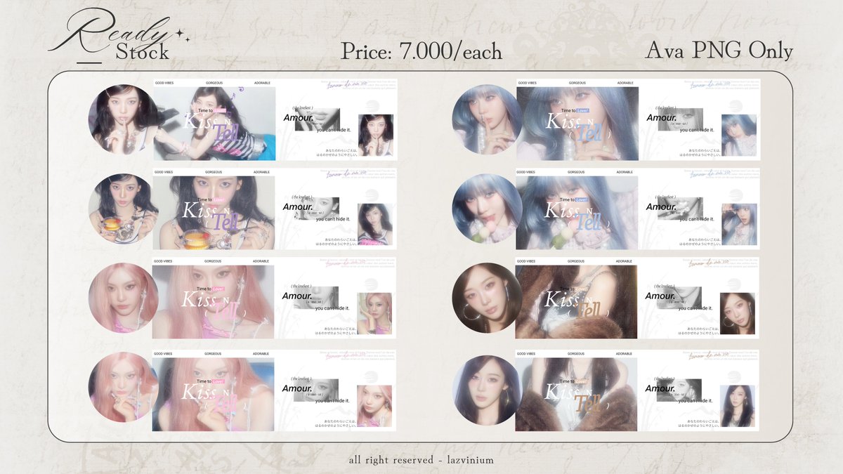 lazvinium's tweet photo. { help repost, thank you! }

Haloo! Aku membawa 8 layout ready stock/rs Aespa Karina, Ningning, Winter, dan Giselle Kiss n Tell yang bisa dijemput melalui DM atau telegram dengan harga yang tertera di pict dan free re-text yaa ♡

#bealanja https://t.co/qFI6l7h9Wp
