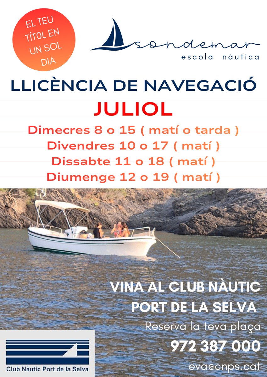 elportdelaselva's tweet photo. Aconsegueix la teva llicència de navegació en un sol dia al Club Nàutic ⛵️
Reserva la teva plaça al 972 387 000 o a: eva@cnps.cat
#cnps #llicèncianavegació https://t.co/KpqhyqEGRK