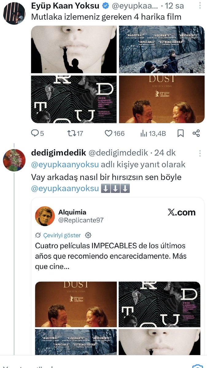 film_ve_ruya's tweet photo. Bu hesap daha 10 bin bile değilken bu mecrada birçok yazar fark etmişti çalıntı tvitlerini. Uyarmış, engellemiştik.
Şimdi görüyorum ki azimle çalmaya devam ediyor "filmmaker". https://t.co/1BQpzb0CPc