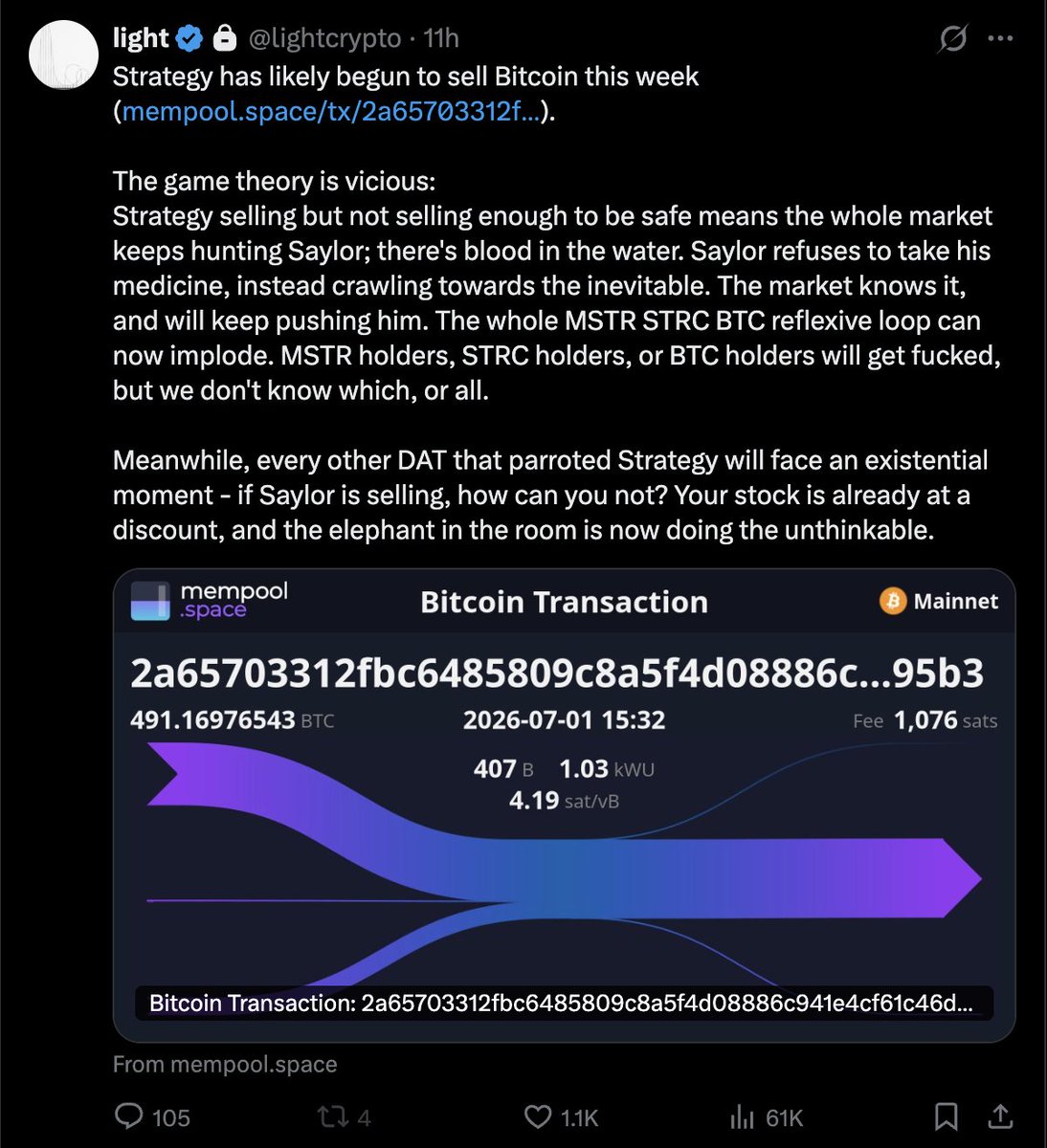 bull_genius's tweet photo. light is a massive trading heavyweight so of course a lot of ppl listen

here's my lightweight take: i doubt this is saylor, i doubt this has a huge market impact, i doubt you should take this info as a reason to continue shorting coins even further

saylor has raised enough cash to just wait it out and i think its what he will do. there is no immediate urgency to sell any bitcoins down here

even if he did sell, wouldnt be surprised if all it does is to produce a dip for slurping

we stay optimistic until proven wrong