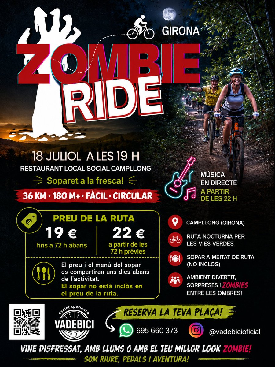 vadebicigrup's tweet photo. 🧟‍♂️🌙 La nit més divertida de l'estiu t'espera!

🚴 Zombie Ride Girona 2026
🌲 Nous trams de les Vies Verdes
🍽️ Soparet a meitat de ruta
🎶 Música en directe des de les 22 h

📅 18 de juliol
🌐 https://t.co/f5dC6JXBAP
📲 695 660 373

#ZombieRideGirona #VADEBICI #ViesVerdes #Girona https://t.co/bPpc1dUAi7