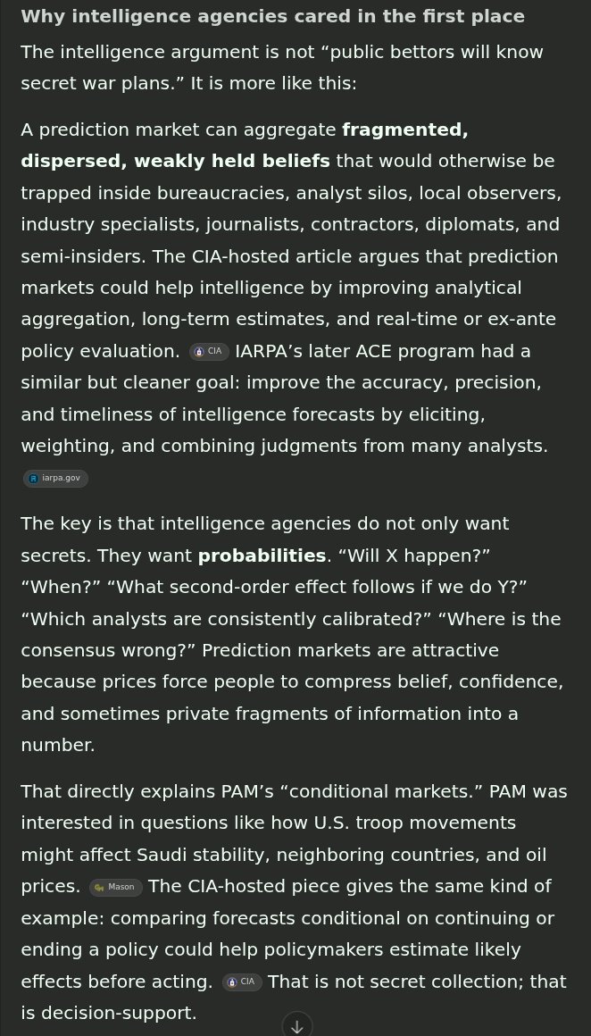 read_jfk_files's tweet photo. in case you don't have 55 minutes to read 13,800 words, here's the AI gist of Webb's thesis about "CIA + Thiel + Mossad are weaponizing Polymarket."
This further confirms a thing i keep saying over and over for years. that the NSA regime (which includes CIA + Palantir) is NOT being a SIGINT or intelligence agency... no they are *Epistemology* agencies. It's meta, they weild the power over what we can know, and that allows them to control all of us. it's MK, it's cybernetics, it's global *cognitive* warfare for Full Spectrum Domination.
and it's really insidious, because now that we've reached the point where the Shadow Govt can control what we can know, we don't stand a chance to ever defeat them or even make a real challenge against their power. we're all goyim now.