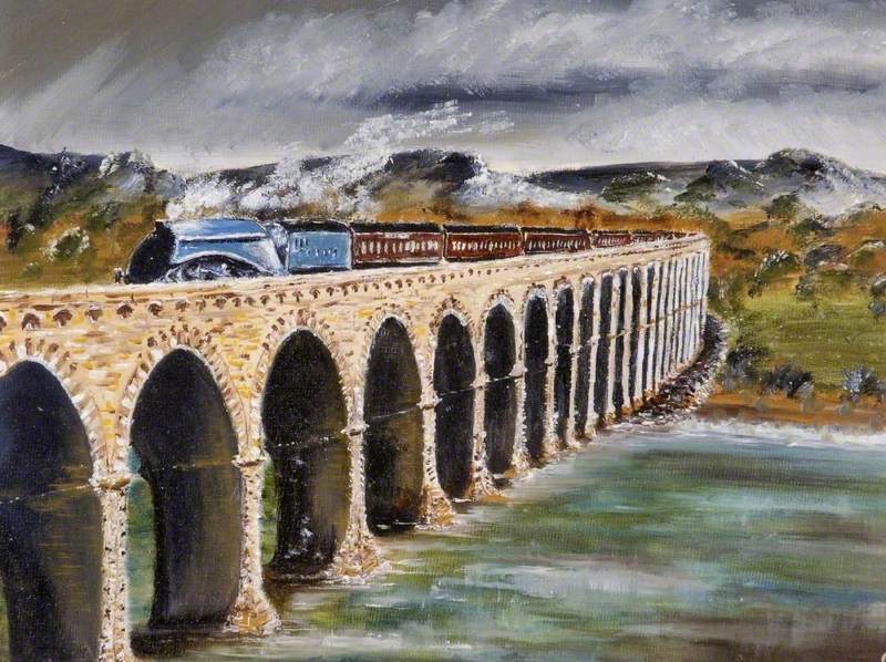 GroomB's tweet photo. On this day 1938, Mallard broke the world speed record for steam locomotives at 126 mph (203 km/h), which still stands. Built at Doncaster, designed by Nigel Gresley, LNER chief engineer. Pic is 'Mallard', painted 1980s by Ann Emily Carr (b.1929). https://t.co/xcNqniDKLM