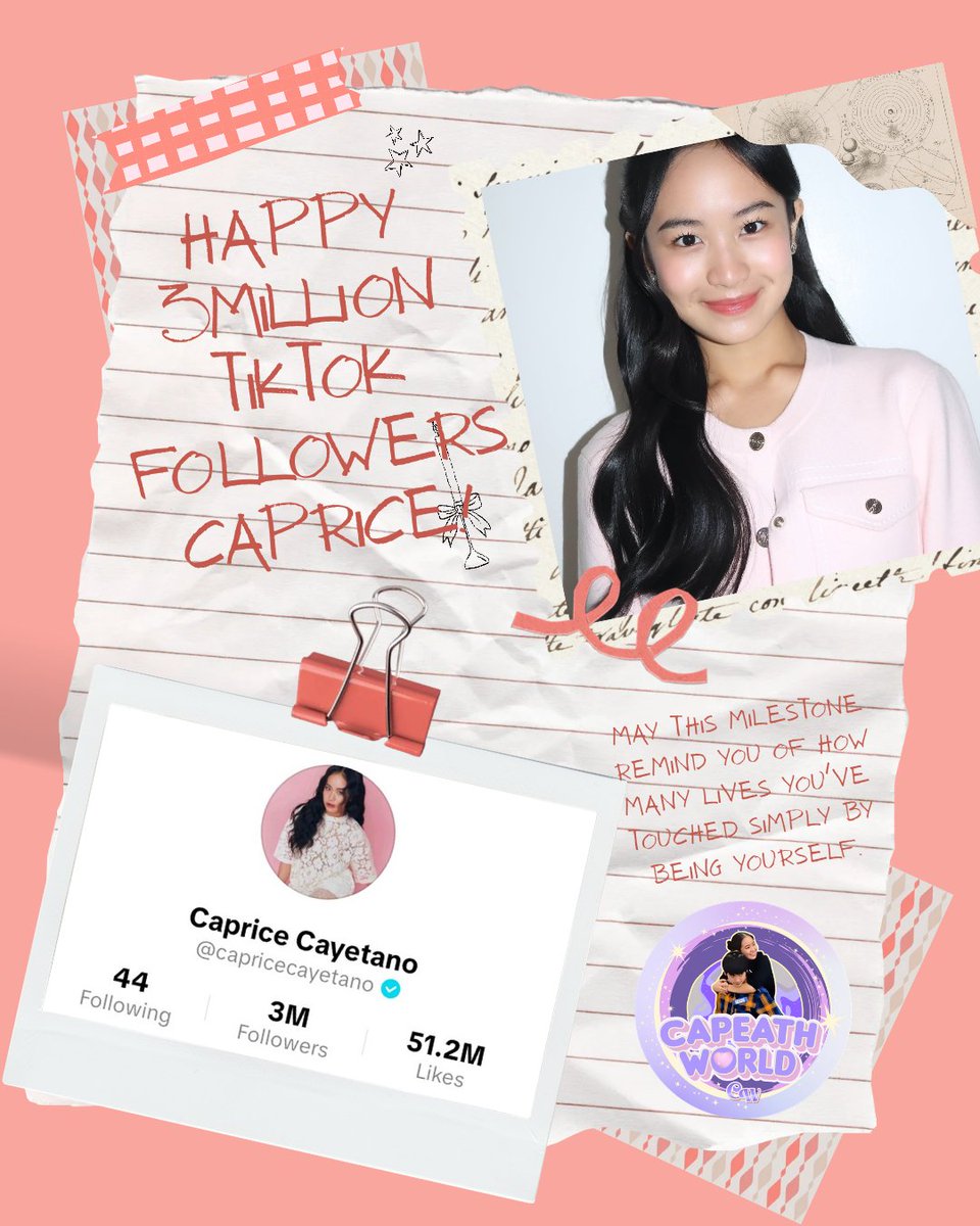 capeathworld's tweet photo. 3 𝙈𝙞𝙡𝙡𝙞𝙤𝙣 𝙍𝙚𝙖𝙨𝙤𝙣𝙨 𝙩𝙤 𝘾𝙚𝙡𝙚𝙗𝙧𝙖𝙩𝙚! 

From your CapEath World family, congratulations on reaching 3 million TikTok followers, Caprice! 🥹 Every milestone you achieve brings us so much joy, and seeing more people discover and appreciate you makes us even happier.

Thank you for sharing your genuine self with everyone. We are so proud of you and will continue celebrating every step of your journey. Here's to more milestones, more smiles, and more beautiful memories together. Congratulations, Cap! 

ANGELs CLOSE CALL
#CapriceHits3MTikTok