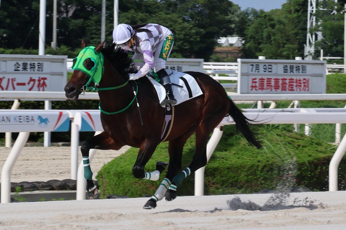 hochichihokeiba's tweet photo. 【阪神アーバン競馬】園田競馬

４Ｒは、開催６日連続の世麗スマイルです。
佐々木世麗騎手がカーロアヴァンティ（田中一巧厩舎）で逃げ切り、７か月ぶりのレースで連勝に導きました。佐々木騎手は今年46勝目、難しいポーズも応えてくれました

#佐々木世麗
#カーロアヴァンティ
#田中一巧 https://t.co/GH3Y0LLR8U