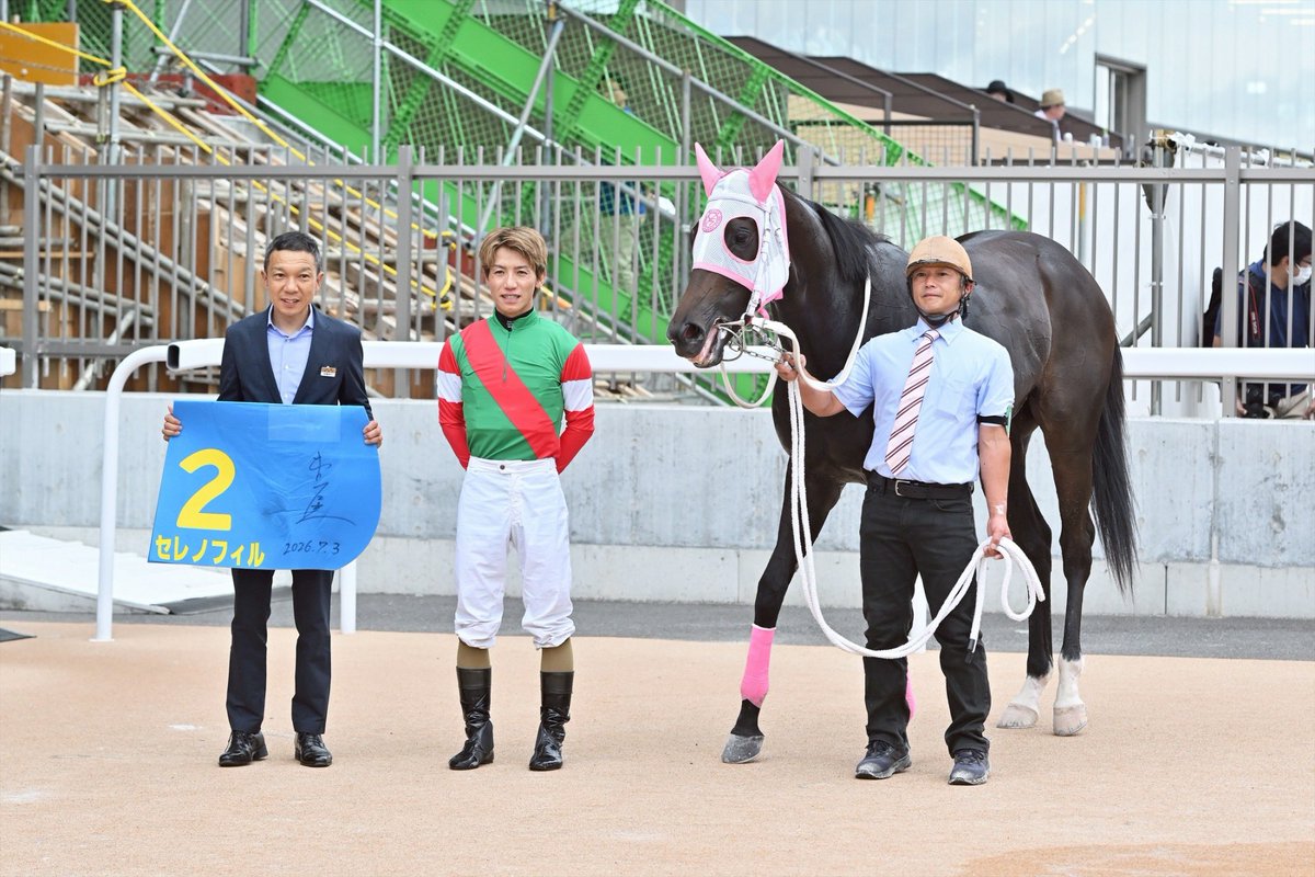 funabashi_keiba's tweet photo. 船橋3Rで行われたリアトリスデビュー2歳新馬は､2番人気セレノフィル(佐藤裕太厩舎)が逃げ切り勝ち🎊2着はフェズミント､3着はスティールビートでした｡

勝ったセレノフィルは父が
エポカドーロ､母がサクセスセレーネという血統の牝馬｡

7馬身差Vに本田正重騎手は「大人しくて余計なこともしないし､真面目な馬ですね」と笑顔を見せました☺️
おめでとうございます👏

#船橋ケイバ  #船橋競馬場
