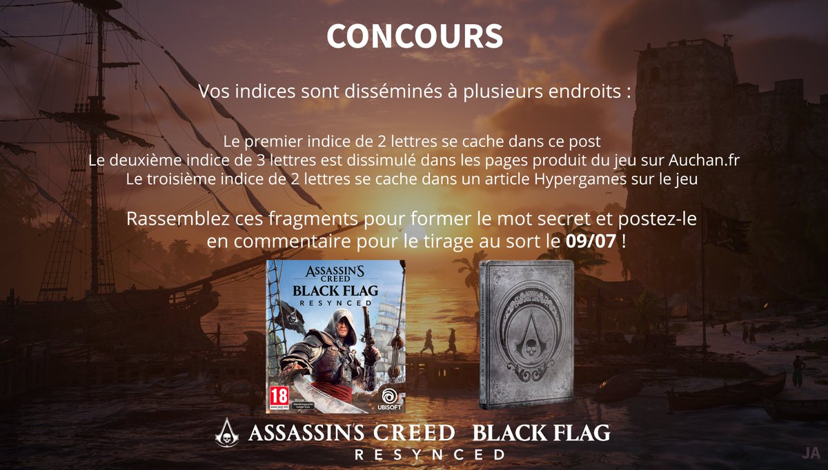 HypergamesA's tweet photo. #concours

Tentez de remporter le jeu Assassin's Creed Black Flag Resynced et un Steelbbok ! 

Pour participer :
➡️RT+Follow @HypergamesA
➡️Like+Commente avec le mot mystère que vous aurez trouvé ! 

2 Gagnant(e)s
TAS le 09/07

Règlement : https://t.co/fXayziJ3FR https://t.co/gUtzqc1uHs