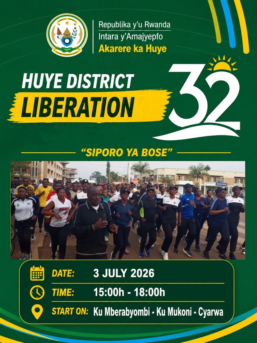 HuyeDistrict's tweet photo. Muri gahunda y’ibikorwa byo kwizihiza #Kwibohora32, hateganijwe iyi siporo rusange.

Abo mu mirenge ya @Ngomasector na #Tumba murakangurirwa kwitabira. 

#Kwibohora32
#SiporoNiUbuzima https://t.co/WXMzP5AMhh