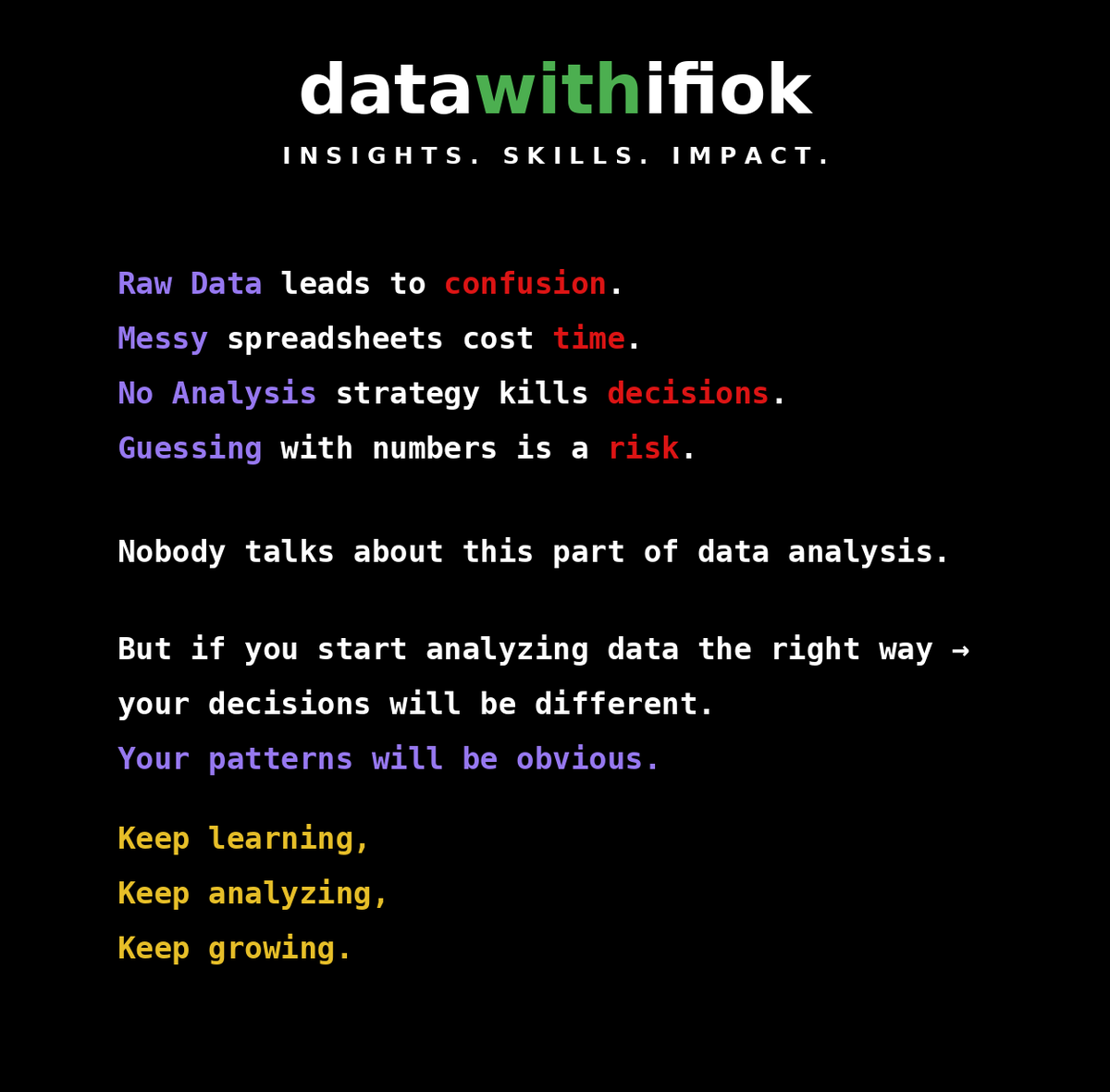 UdofeIfiok's tweet photo. Raw data creates confusion.

Messy spreadsheets waste time.

No analysis = poor decisions.

The real value isn't collecting data—it's understanding it.

Learn to analyze, find patterns, and make decisions backed by evidence.

Keep learning.
Keep analyzing.
Keep growing. https://t.co/YzNZeDjaeY