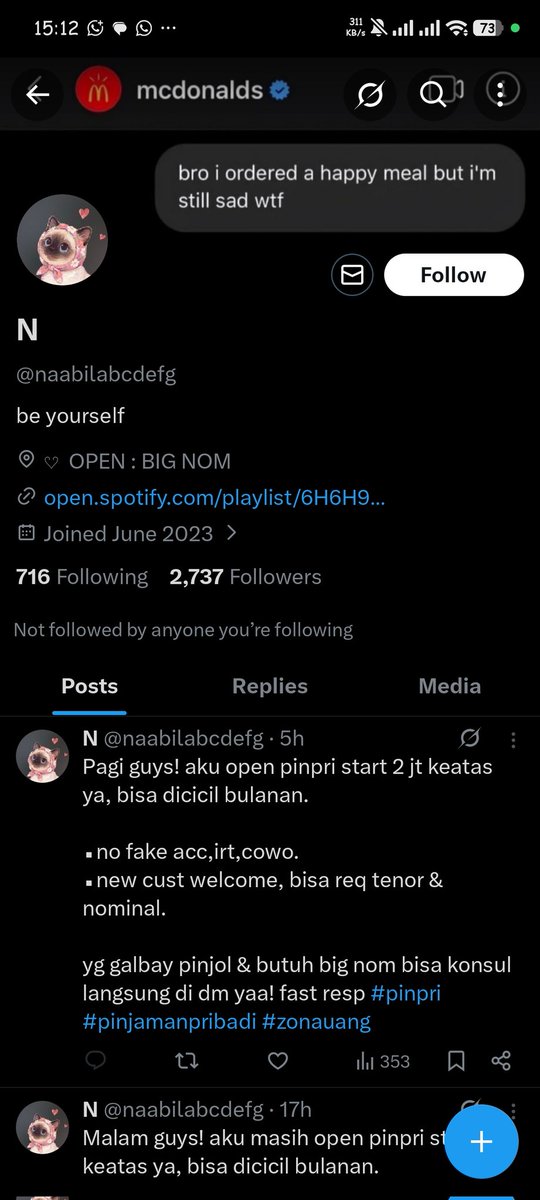 urjournality's tweet photo. Next muka siapa lagi mau dipakai nipu sih putri nabilla? @nabillabcdefg @shashabrinaaz tolong para ba tiati yaa siapapun pakai data gue itu bukan gue. Si nabila ini udah pakai link spotify gue🤣😭 #zonaba #zonajajan #zonauang #penipupinpri #penipu https://t.co/8Ee9O3DajP