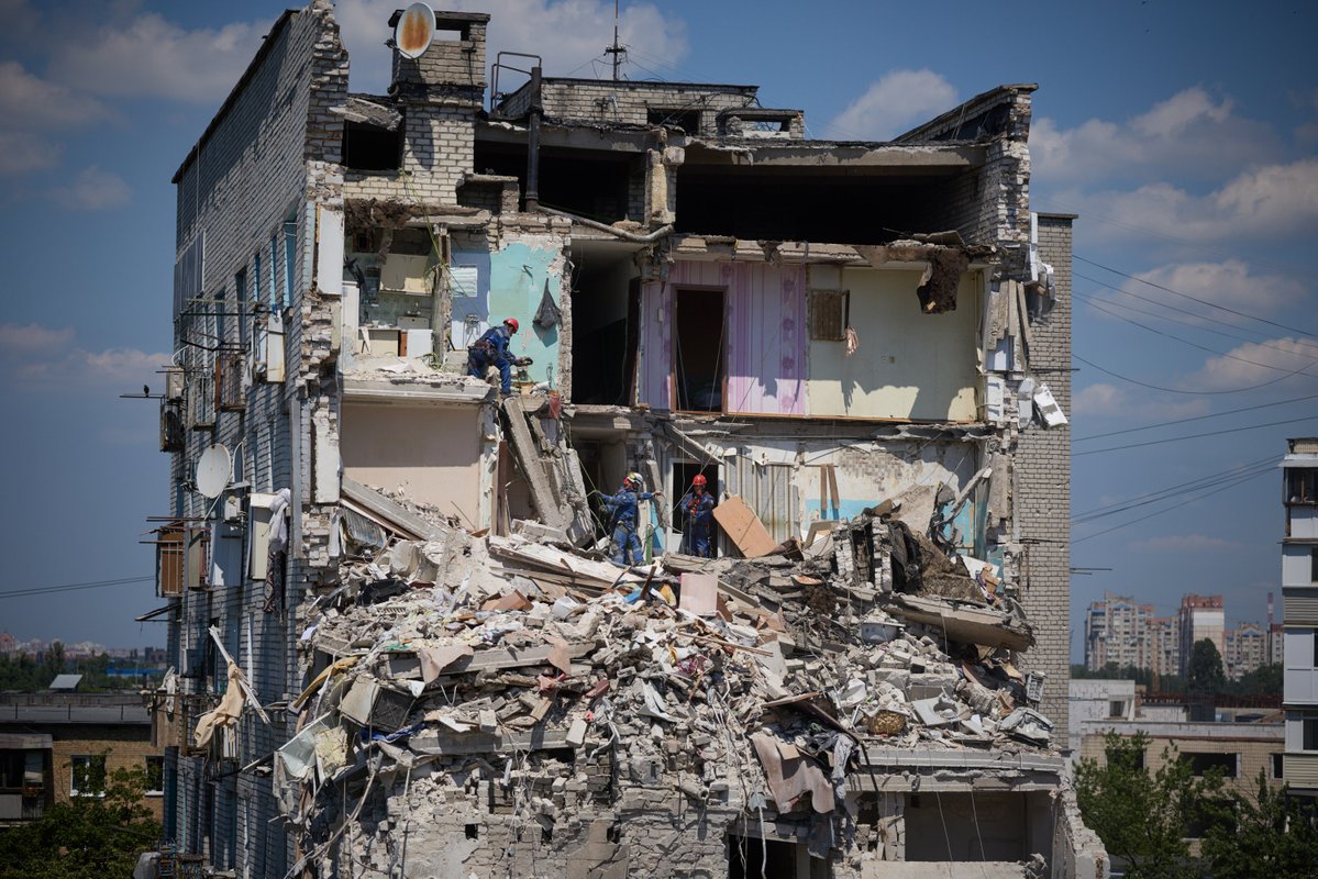 ZelenskyyUa's tweet photo. Emergency and rescue operations are still ongoing in Kyiv at three sites of last night’s Russian strikes. First responders have already managed to clear a significant part of the rubble, but 10 people are still missing. The search operation will continue for as long as needed. As of now, it is known that 30 people were killed in yesterday’s attack on Kyiv. My condolences to all their families and loved ones. Nearly one hundred people were wounded, including children.

Yesterday evening, the Russians attacked Kryvyi Rih, striking the territory of an ordinary garage cooperative. Seven people were wounded. Residential buildings and two schools were damaged. A private home in the Kharkiv region was attacked overnight. Six people were injured, three of them children. Yesterday afternoon, the Russians launched missile strikes on the regional hospital in Kherson. They knew exactly what they were targeting and that there was no military purpose in it. Sadly, a doctor was killed, and a nurse was also wounded. Overnight in the Sumy region, a drone strike on an apartment building killed four people, including a mother and her daughter. My condolences to their families and loved ones.

Every day and every night, the Russians strike ordinary civilian infrastructure, and terror is the only argument they have left for not stopping the war. Reliable protection of Ukraine’s skies is needed as a prerequisite for diplomacy. We count on the support of our partners, above all with anti-ballistic capabilities. I am grateful to everyone who is already helping.