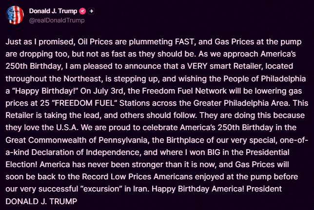 SmartGirlInSF's tweet photo. BREAKING: President Trump says Freedom Fuel Network is lowering gas prices at 25 gas stations in the northeast US on July 3rd and "others should follow." https://t.co/8VXn6bKiSm