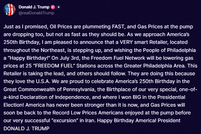 JulianneFiastro's tweet photo. BREAKING: President Trump says Freedom Fuel Network is lowering gas prices at 25 gas stations in the northeast US on July 3rd and "others should follow." https://t.co/u2THJaq7Pe