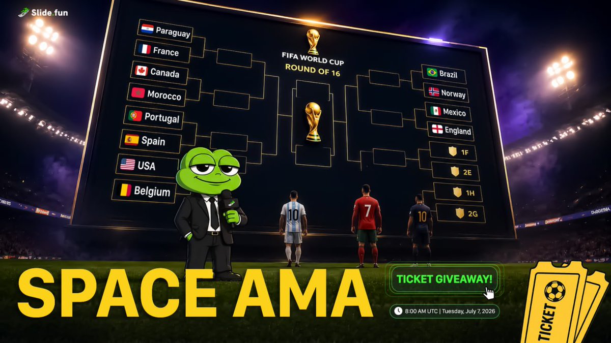 SlideFunBot's tweet photo. 🎙️ Slide into World Cup 2026 with https://t.co/KWBjgrsQ9r ⚽ 🏆

📅 Tuesday, July 7 | 8:00 PM - Set the reminder: https://t.co/m07bCQzag4

The knockout rounds are heating up - come talk World Cup, earn tickets, and predict the next winners with us!