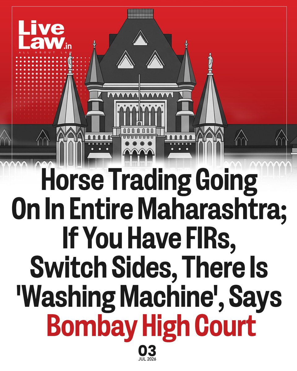 LiveLawIndia's tweet photo. The Bombay High Court on Thursday (July 2) orally commented that "horse trading" was going on in the entire State of Maharashtra, and that a political leader can get the criminal cases against oneself closed by joining the "washing machine", in an oblique reference to the ruling party.
Read more: https://t.co/75LMMZOOoz
#BombayHighCourt  #HorseTrading  #Maharashtra #legalnews #livelaw