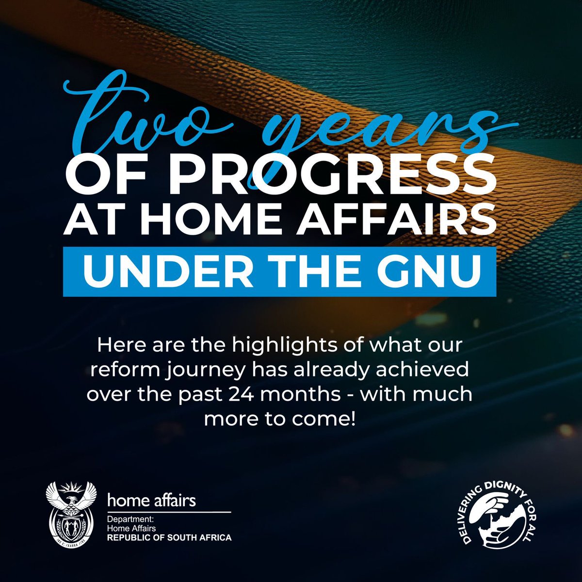 Leon_Schreib's tweet photo. Two years of progress at Home Affairs under the GNU!

Here are the highlights of what our reform journey has already delivered over the past 24 months - with much more on the way as we deliver dignity for all:

🪪 New digital partnership extended Smart ID replacement service to 203 bank branches
➡️ Next: Ramp up to 750 branches and add first-time ID applications, Passports, and home delivery

🫆 Electronic Travel Authorisation with facial recognition and document verification live for tourist visas from 4 countries
➡️ Next: ETA scaled up for all visa-required countries and additional visa categories added

📲 Digital ID regulations published for public comment
➡️ Next: Final regulations promulgated and prototype launched

🛂 Lawful inland deportations increased by 46%  and BMA technological capacity enhanced
➡️ Next: More immigration officers and BMA border guards recruited to increase enforcement

🆔 Record 4 million Smart IDs issued in 2025/26, over 1.3 million more than previous annual average
➡️ Next: Set new annual record to accelerate elimination of fraud-prone Green ID

📑 Historic visa backlog cleared 
➡️ Next: Cut turnaround times and enhance security through the ETA

⚖️ 98 dismissals, 40 arrests and 10 convictions across DHA and BMA for corruption and maladministration 
➡️ Next: Fully implement SIU recommendations to root out corruption

🌍 Automated citizenship reinstatement portal launched and dedicated service centres opened abroad
➡️ Next: Digitalisation of Smart ID and Passport applications abroad to cut turnaround times

And much more still to come! 🇿🇦