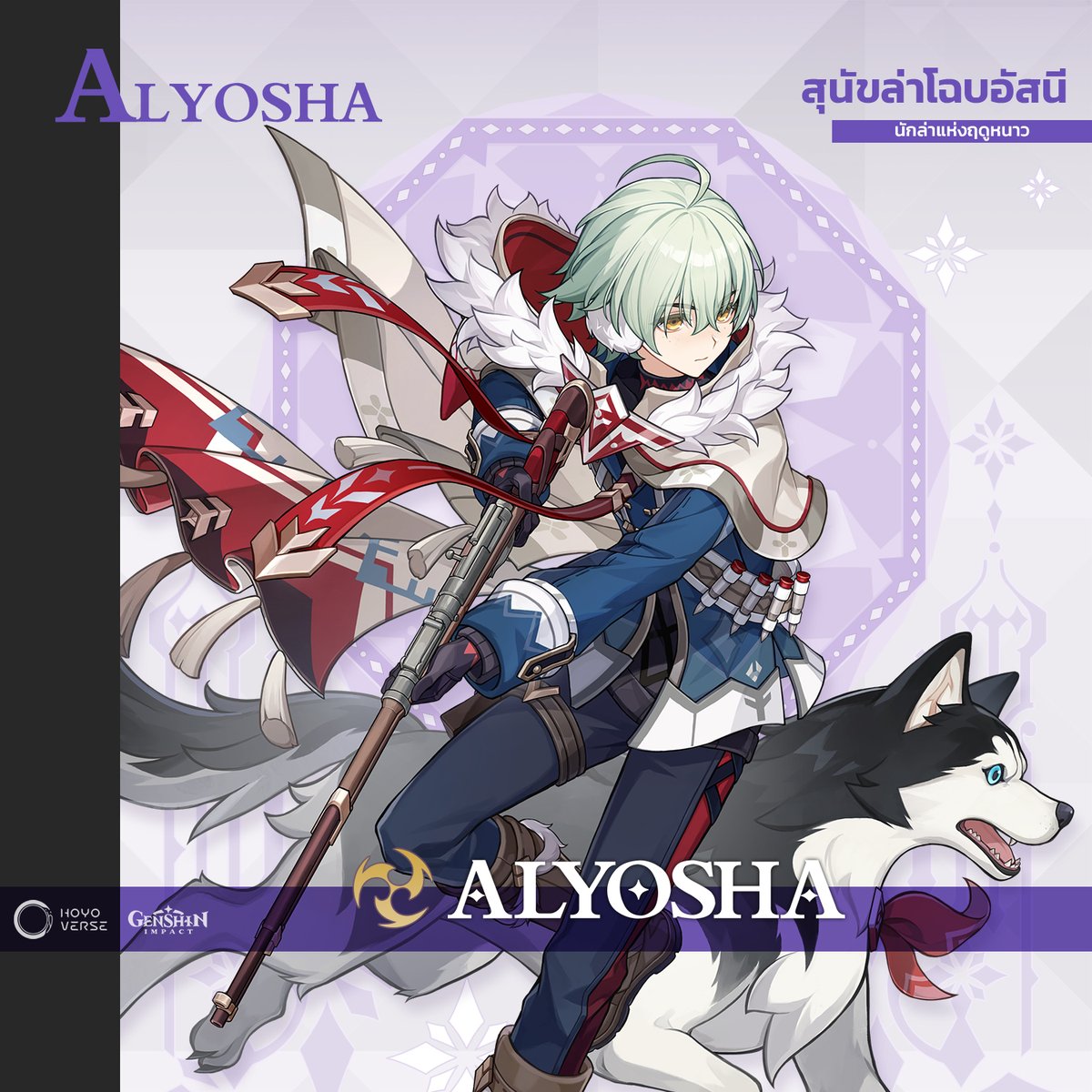 GenshinImpactTH's tweet photo. #GenshinImpact #Alyosha
Alyosha - สุนัขล่าโฉบอัสนี
นักล่าแห่งฤดูหนาว

หากจะไปถามชาวบ้านใน Sretomorozsk เกี่ยวกับชื่อ Alyosha ส่วนใหญ่ต่างก็ยินดีที่จะร่วมสนทนาด้วยต่ออีกสักหน่อย:
"เขาเป็นนักล่าที่เก่งมาก จมูกไวพอ ๆ กับสุนัขล่าเนื้อของเขาเลย! ถึงสภาพอากาศจะแย่ขนาดนี้ เขาก็ยังอุตส่าห์ล่ากระต่ายได้จริง ๆ ด้วยแฮะ"
"ไม่ใช่แค่นั้นนะ! เธอไม่เห็นท่าทางตอนที่เขายกปืนขึ้นมาล่ะสิ ต่อให้บอกว่าเขาเป็นคนของกรมสรรพาวุธฉันก็เชื่อ"
"เหลวไหลน่า คนของกรมสรรพาวุธจะมาอยู่แถวนี้ได้ยังไง? ไม่เห็นรึไงว่าทางมันไกลแค่ไหน..."
"ใครว่าเหลวไหล ฉันเห็นกับตาตัวเองเลยเหอะ ว่าเขาช่วยคนจากเงื้อมมือของมอนสเตอร์ ปัง! ฉันยังไม่ทันได้อุดหู ก็เห็นมอนสเตอร์โงนเงนแล้วก็ล้มลงไปเลย..."
เอาเป็นว่า เขาเป็นเด็กหนุ่มที่ผู้คนต่างยอมรับ ทั้งซื่อสัตย์ กล้าหาญ และใจดี...
เดี๋ยวก่อน เธอคงไม่ได้ลืมไปแล้วหรอกใช่มั้ย ว่าทุ่งหิมะของ Snezhnaya นั้นโหดร้ายแค่ไหน?
แค่ลองเดินฝ่าหิมะสักครั้ง ก็รู้ซึ้งแล้วว่าความอบอุ่นนั้นล้ำค่าแค่ไหน ลมหนาวนั้นโหดร้าย ราวกับตะไบที่ขัดเกลาทุกสิ่งที่มันเห็น หิมะขาวโพลนไร้สิ้นสุดพรั่งพรูความเกลียดชังที่มีต่อโลกนี้ เท่านั้นยังไม่พอ มันยังเรียกร้องเอาไออุ่นและชีวิต จากสิ่งมีชีวิตที่กล้าเหยียบย่ำมันเป็นสิ่งตอบแทนอีกด้วย
ถ้าเลือกได้ ก็แทบไม่มีใครอยากอยู่ท่ามกลางความหนาวเหน็บ
แต่ Alyosha กลับย่ำเท้าลงในหิมะที่เย็นยะเยือกซ้ำแล้วซ้ำเล่า เพื่อนำเนื้อสัตว์ที่ล่ากลับมา และเพื่อนำพาความหวังกลับมาด้วย
เขายกปืนขึ้น เล็งไปยังเหยื่อที่อยู่ตรงหน้า
ศัตรูตัวจริงของเขาคือความหนาวเหน็บอันโหดร้ายนั่นเอง