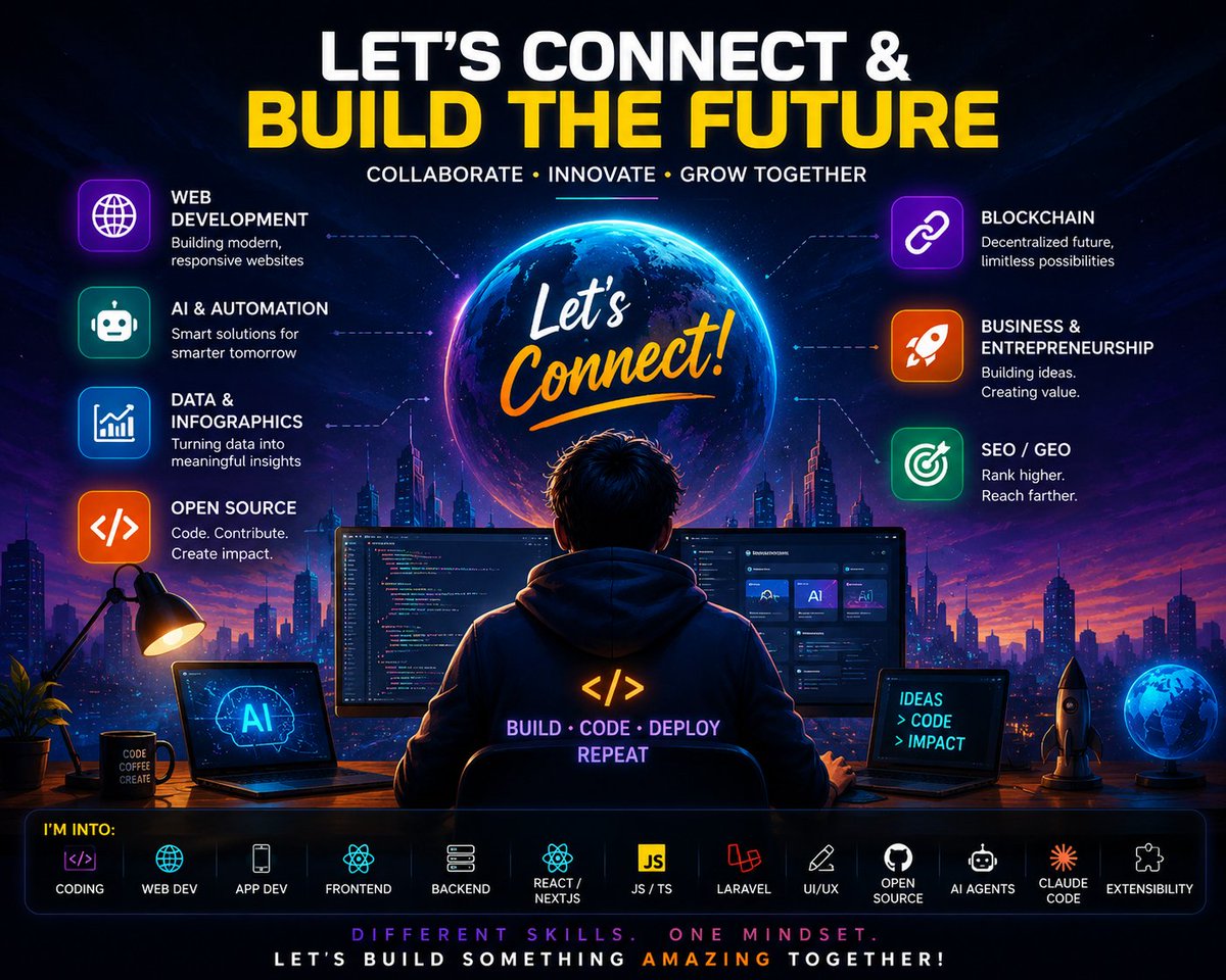 Pranoy_464's tweet photo. 🚀 Looking to connect with builders & developers.
💻 Full-Stack Web Dev
⚡ PHP/Laravel • React/Next.js
🤖 AI & Automation
⛓️ Web3
🎨 UI/UX
📈 Open Source & Business
Let's build, learn & grow together!
#BuildInPublic #LetsConnect #WebDevelopment #Laravel #ReactJS #AI #OpenSource https://t.co/fGBBfamSu2