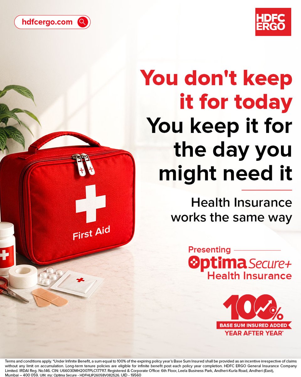 HDFCERGOGIC's tweet photo. The best protection is the one that's ready before you need it.

With HDFC ERGO Optima Secure+, your Base Sum Insured doubles every year: 100% added annually, claim or no claim, so your cover grows with time.

Explore HDFC ERGO's Optima Secure+ on our website: https://t.co/zcUKEolT13
Or download the HERE App by HDFC ERGO: https://t.co/jOD4ObTrXA

#HDFCERGO #HealthInsurance #GeneralInsurance #OptimaSecurePlus