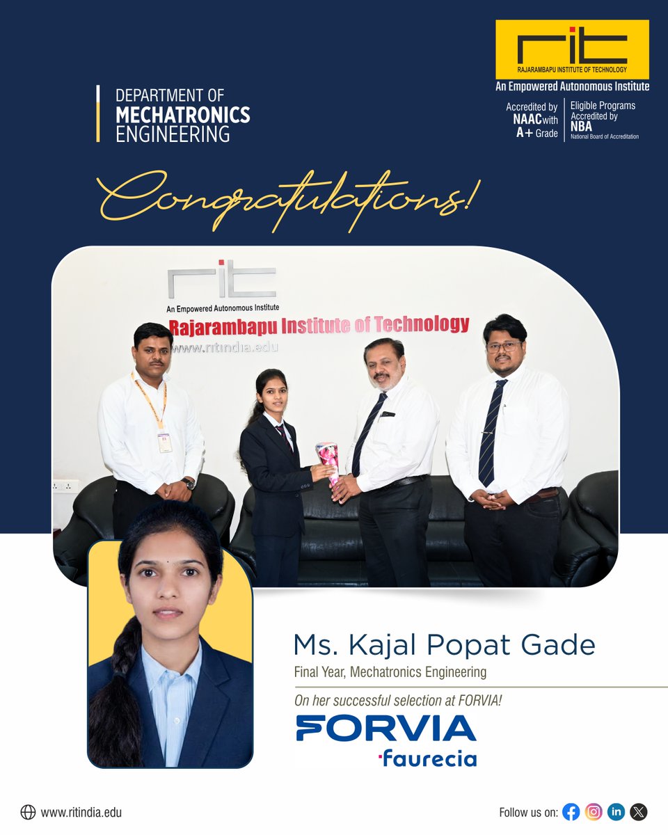 ritindia1983's tweet photo. 🎉 Proud Achievement! 🎉
Congratulations to Kajal Popat Gade, Final Year Mechatronics Engineering student, on her successful selection at FORVIA!
#PlacementSuccess #MechatronicsEngineering #StudentAchievement #FORVIA #FutureReady #CareerSuccess #ProudMoment https://t.co/At39mOHbra