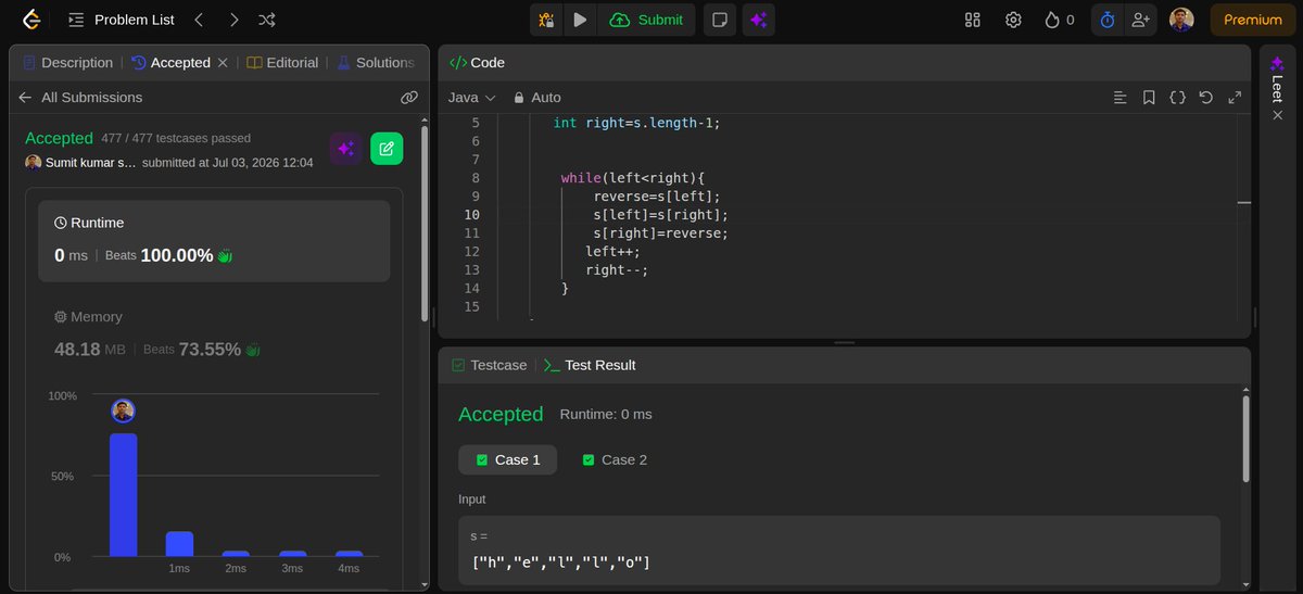 Thesumitkrsingh's tweet photo. I solved and learn TwoPointer ! #125 #344 #724 #LeetCode #buildyourself #LearnInPublic https://t.co/W3KBArmhfp