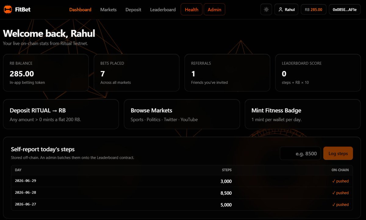 Rahul_xyz01's tweet photo. Ritual x FitBet 

Introducing FitBet - a Fitness × Betting platform built on @ritualnet.

🌐 https://t.co/jT4JogHaNY

Before I explain how the dApp works, I'd like to mention that it's still a work in progress. I have several major improvements planned, but before building them, I'd love to hear your feedback.

Please test it out and share your thoughts in the comments. I'll read every comment and do my best to reply to everyone. Your feedback will directly influence the future of FitBet.

🏋️‍♂️ Fitness Section

The first part of FitBet focuses on your health.

Head to the Health section and complete your Health Profile by entering: • Height • Weight • Diet preference • Your goal (Lose Weight, Gain Weight, or Maintain Weight) • Activity Level

Once you save your profile, you'll receive a basic diet recommendation.

🥗 Want something more personalized?

Click "Get AI-Personalized Detailed 7-Day Plan."

Then press "Generate Plan" in the top-right corner.

Since this is an on-chain AI action, you'll need to confirm the transaction in your wallet. After confirmation, your personalized 7-day diet plan will be generated based on your health profile.

🤖 Need health (Excercise) advice?

You'll find an AI Health Chat at the bottom of the Health page.

Feel free to ask questions about fitness, nutrition, or your health plan.

The Health section is still evolving, and I have many exciting upgrades planned for it.

🎯 Betting Section

Here's how it works.

Step 1 - Deposit

You can claim 200 RB tokens (the in-app currency) from the Ritual Testnet faucet.

Simply enter any amount greater than zero to receive your RB tokens.

📈 Step 2 - Market

Your RB balance will appear in the top-right corner near your profile.

Use your RB tokens to place bets on available prediction markets.

• Minimum bet: 1 RB

Example: Bet 10 RB and if your prediction is correct, you'll receive 18.5 RB.

At the moment, all markets are created manually by me.

👣 Dashboard

You'll find "Self-report Today's Steps."

Please enter your actual daily step count honestly.

This data helps the AI better understand your progress and improve future recommendations based on your activity.

👤 Profile

From your profile, you can: • Generate your referral code • View and claim your bets • Mint badges • See your referrals

🔮 What's Coming Next?

1. Fully On-Chain AI Diet Plans
Currently, diet plans are generated using the Gemini API.

In the future, I'll replace this with "Ritual's async precompile System" so the LLM can be called directly on-chain.

The AI Health Chat will continue using Gemini because requiring a wallet confirmation for every message would create a poor user experience.

2. AI-Generated Markets:

Instead of me creating prediction markets manually, an Ritual LLM will automatically generate and manage live markets.

3. Walk & Earn:

Right now, users manually enter their daily steps.

My goal is to automatically track steps and reward users while they walk, making fitness more engaging and rewarding.

4. Automated Leaderboards:

Currently, the leaderboard is updated manually.

In future versions, everything will be fully automated.

5. Achievement-Based Badges:

Right now, anyone can mint every badge.

In the future, badges will only become available after completing the required achievements or milestones.

💡 These are the ideas I have for now, but I'm sure the community will have even better suggestions.
If you have ideas, feature requests, or improvements, please leave them in the comments.

If you discover any bugs while testing, I'd really appreciate it if you reported them as well.

Thank you so much for taking the time to test FitBet. Your feedback means a lot and will help shape the future of this project. 💚