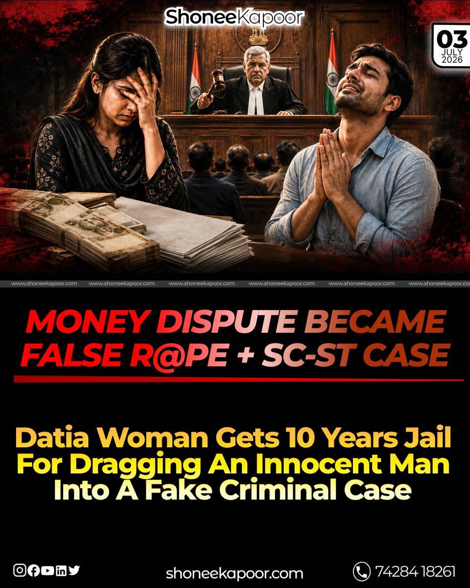 ShoneeKapoor's tweet photo. Datia, Madhya Pradesh: A woman filed a serious case against her neighbour, accusing him of r@pe, threats and offences under the SC-ST Act.

During trial, the truth came out. She herself admitted that the case was false and was filed because of a money-transaction dispute.

The man was acquitted.
The woman was sentenced to 10 years rigorous imprisonment and fined ₹10,500.
This was not a “mistake”.
This was weaponisation of law.

A false r@pe case can destroy a man’s name, family, career and mental peace before the truth even reaches court.
Such women are not victims.
They are offenders hiding behind victimhood.

Justice for the innocent man. Punishment for the false accuser.