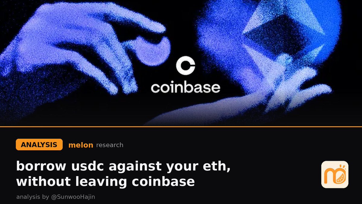 MelonPodcasts's tweet photo. selling crypto to cover expenses hurts. you trigger taxes and lose your exposure in one move

defi borrowing fixes both. instead of selling your eth, lock it as collateral, borrow usdc onchain, spend like cash, stay long. not a taxable event in the us

and now you can do it straight from the coinbase app

analysis by @SunwooHajin

this is an integration i'd hand to my own family. @coinbase is one of the most trusted and easy exchanges to navigate, and @Morpho is one of the most proven lending protocols in defi. put them together and you borrow against your eth without leaving the coinbase app

assuming you already hold eth on coinbase, here's the flow:

1. tap your eth balance to open your ethereum dashboard
2. scroll to the "borrow" tab and hit "start"
3. read the primer: your borrow up to amount (set by your eth on coinbase), the variable rate (interest morpho charges), and the liquidation ltv (the loan to value point where your eth gets liquidated to repay). then "continue"
4. enter how much usdc you want, tap "review loan"
5. check the details, hit "borrow now," then "accept and continue." it can take a minute or two to finalize in the coinbase ui

that's it

to manage it later: open the "cash" tab, find "borrow," tap "manage loans." the "repay" option lives there to pay your usdc back over time

these eth backed loans run on a flexible term. no fixed amounts, no set schedule. repay whenever, in whatever size suits you. just watch your loan health so you don't get liquidated

one note: usdc you borrow on coinbase can't buy crypto on coinbase. this lane is for cashing out and spending

as far as defi onramps go, this is about as simple and safe as it gets. if you or someone you know hasn't borrowed against eth yet, start here