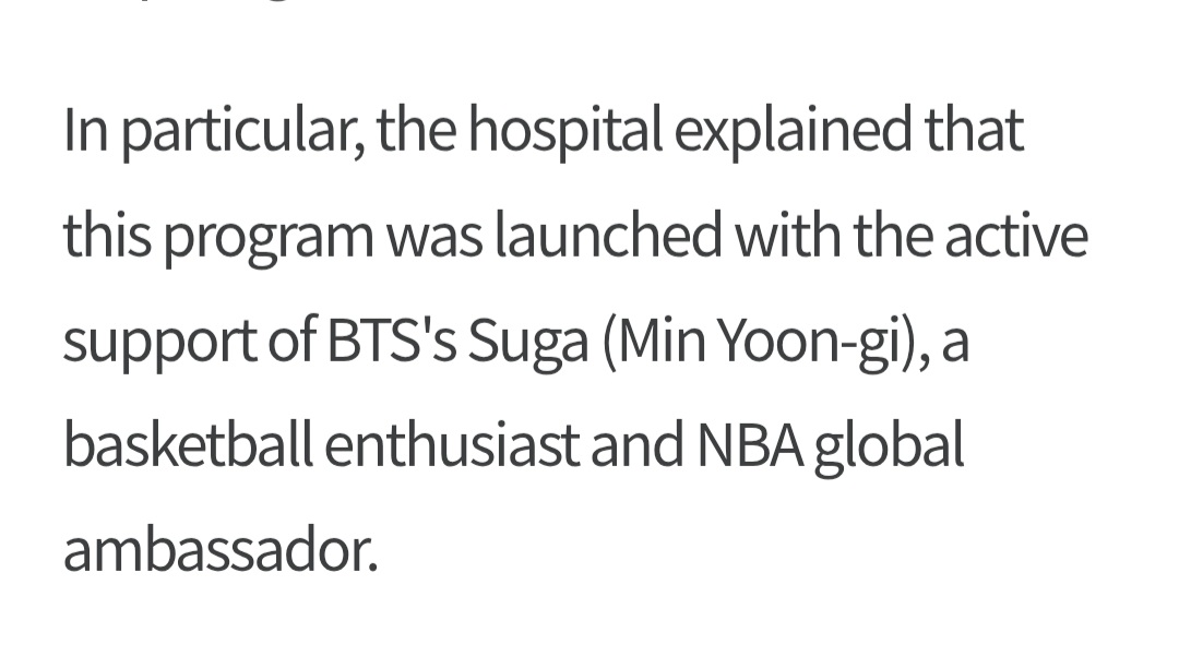 DataAgustD's tweet photo. “Severance hospital shared that this program was launched with the active support of SUGA, a basketball enthusiast and NBA global ambassador.”

Yoongi taking one of his greatest loves after music, basketball, and using it to help others through the MIND program... his heart is so unbelievably beautiful. He's truly an angel. 😭🤍